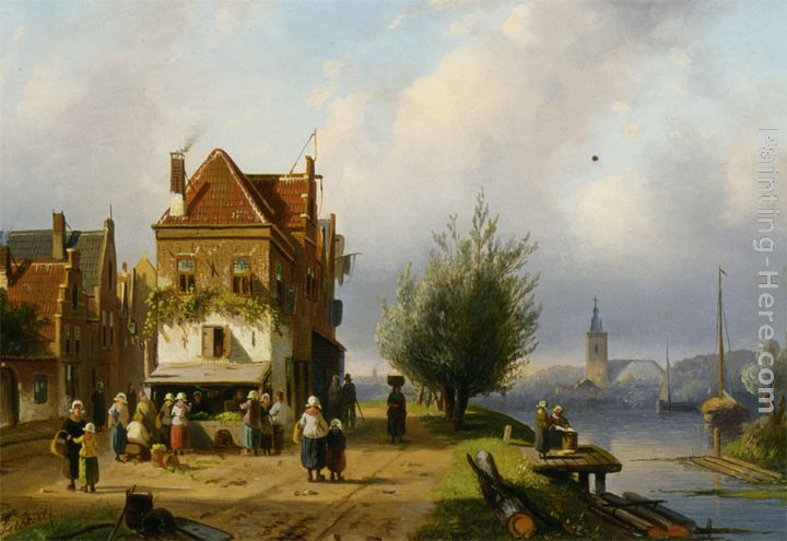 A Town View with Figures by a Market Street Stall painting - Charles Henri Joseph Leickert A Town View with Figures by a Market Street Stall art painting
